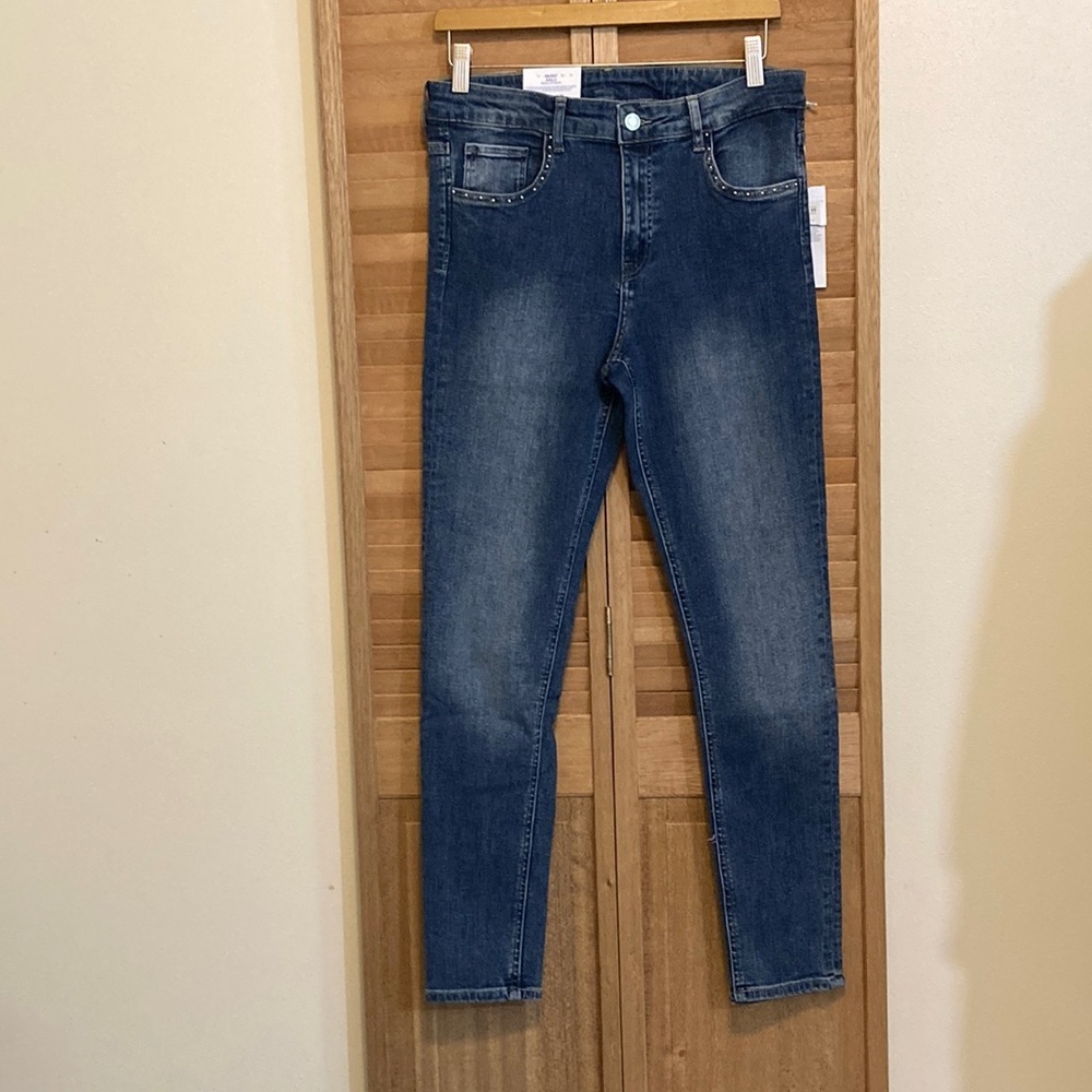 NWT H&M womens waist size 31 Skinny Ankle Stretch blue jeans embellished